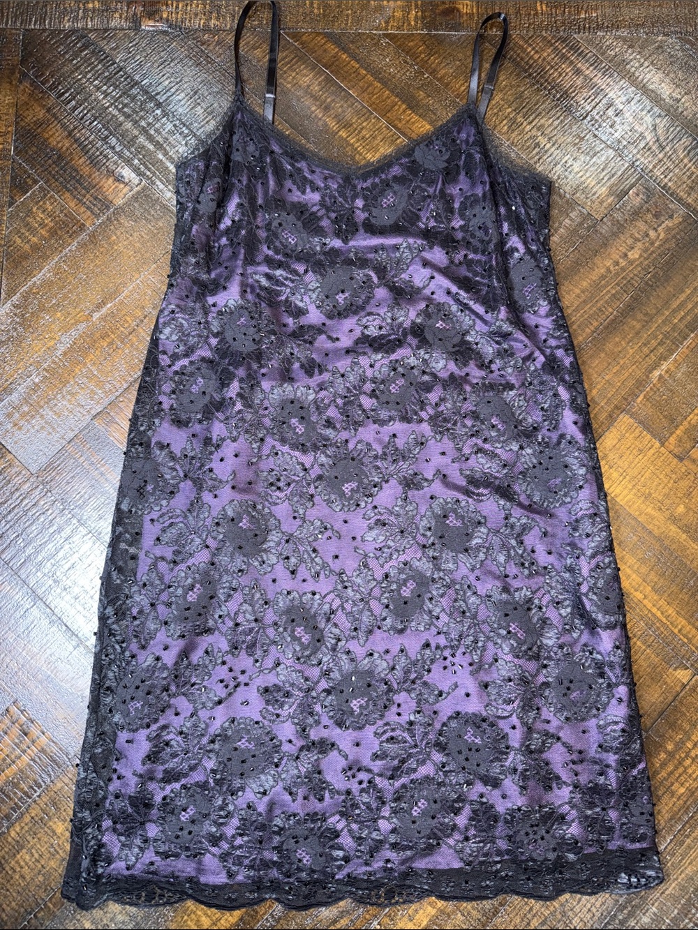 Vintage DKNY Purple Silk Black Lace Beaded Slip Mini Dress Size 2 Y2K